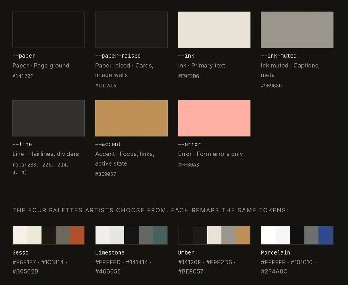 The same colour section in the dark Umber palette: the same seven tokens now carry dark paper, light ink and a gold accent