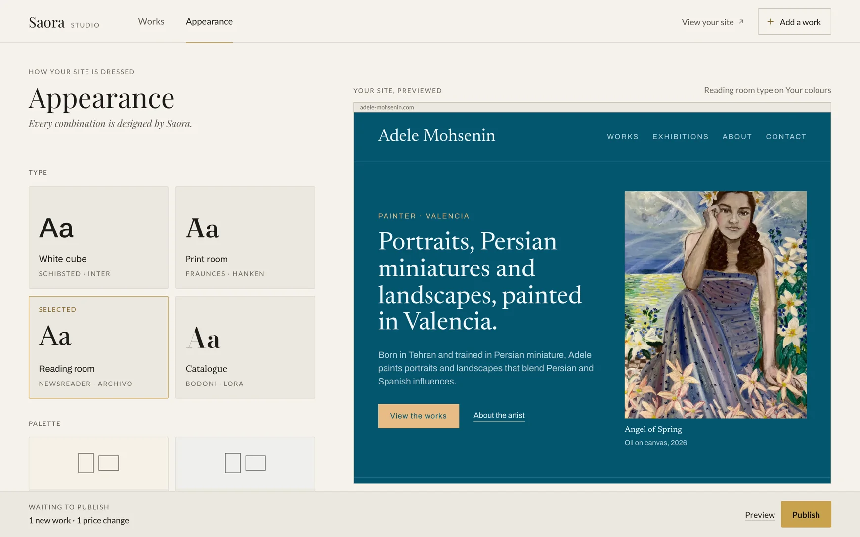 The Appearance screen: type pairing cards on the left with one selected, and a live preview of the artist's own home page on the right