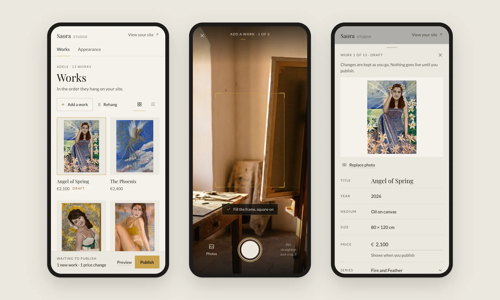 Three phone screens from Saora Studio: the Works grid, the camera viewfinder framing a canvas on an easel, and a work opened for editing with its title, year, medium, size and price
